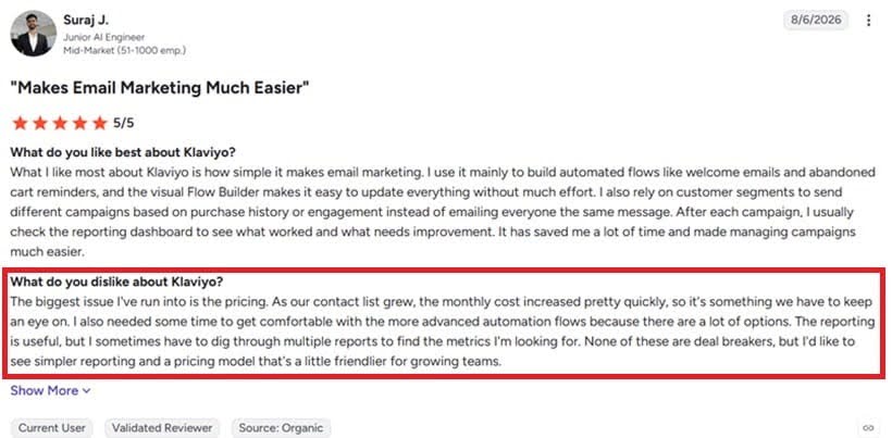 Klaviyo user review focusing on ease of use for email automation and visual flow builder.